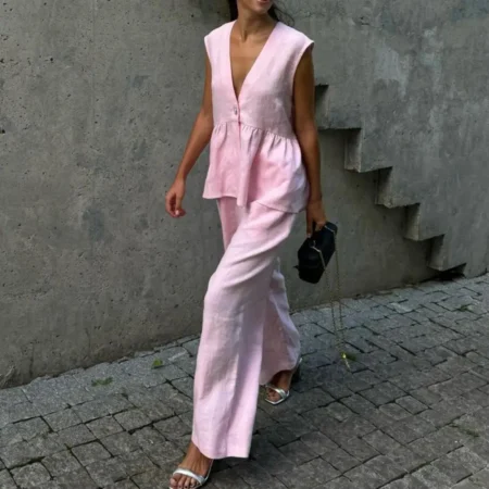 Women Loose Pink 2 Piece Sets V Neck Sleeveless Tank Top High Waist Wide Pants Suit Solid Elegant Casual Office Lady Outfits