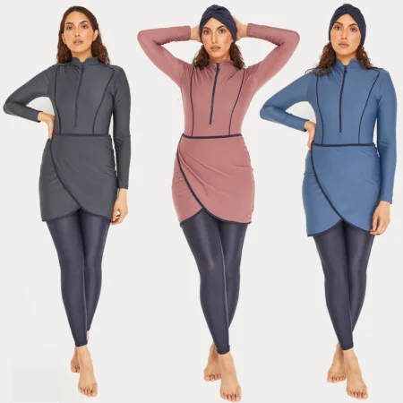 New Muslim Swimwear Women Modest Patchwork Hijab Long Sleeves Sport Swimsuit 3pcs Islamic Burkinis Wear Bathing Suit