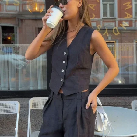 Bronladies Womem Linen Cotton Chic Vest ＆ Pants Suit Two-Piece Set Office Ladies Summer Chic 2 Piece Sets Womens Outfits