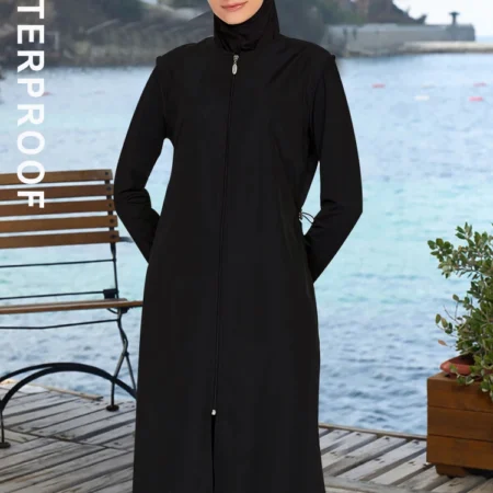 3PCS/Set Summer Plain Waterproof Burkini Muslim Swimwear Women Modest Bathing Swimming Suit Black ,Quick Drying，UPF50+