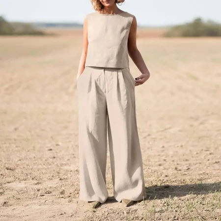 Summer Women's 2-Piece Short Set Solid Color Sleeveless High Waist Wide Leg Shorts With Pockets Set Wide Leg Long Pants Sets
