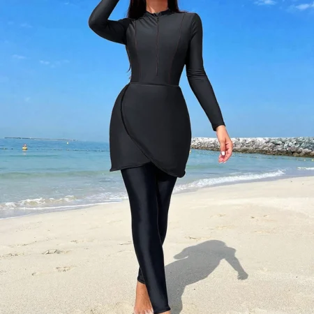 Muslim Burkini Swimwear Women Modest Patchwork Hijab Long Sleeves Sport Swimsuit Islamic Bathing Suit, Quick Drying, UPF50+