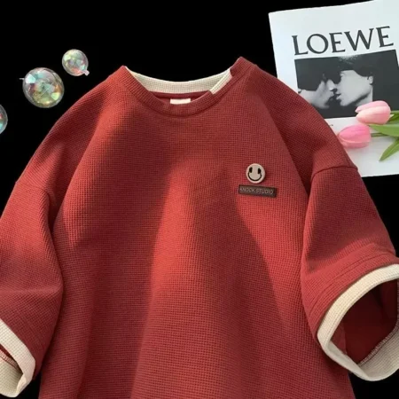 Trendy Oversized Two-Piece Illusion T-Shirt Men's Summer Short Sleeves Walf Checks Brand Sensible Niche Crew Neck Tees