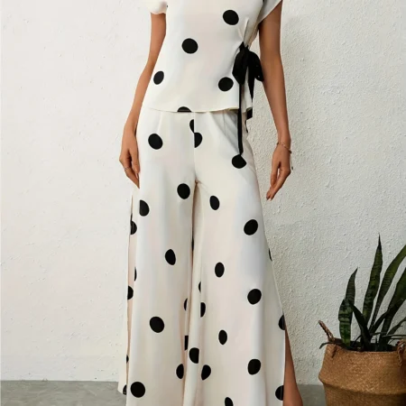 Women's Chiffon Sport Suit 2024 Summer New Fashion Polka Dot Wide Leg Pants Strap Tops Two Piece Set For Women Clothing