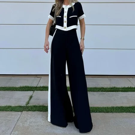 Fashion New Two Piece Set Women's Round Neck Short Sleeve Patchwork Singe Breasted Button Top Loose Wide Legs Pants Sets Women