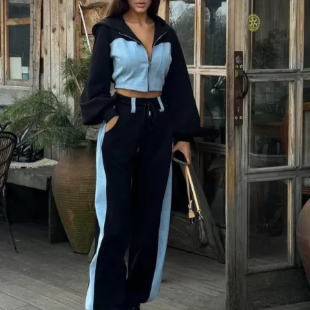 Fashion Patchwork Denim 2 Piece Sets Women Outfit Slim Hoodies Crop Top Wide Leg Sweatpants Suit Streetwear Casual Tracksuits