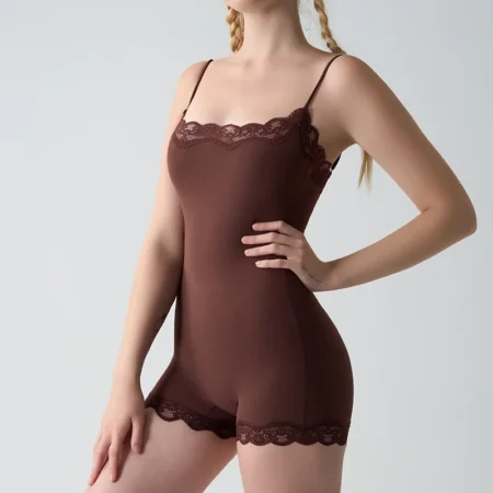 Women's Square Neck Sexy Lace Bodysuit Sleeveless Spaghetti Strap Jumpsuit Solid Color Slimming Bodycon Rompers Tank Tops