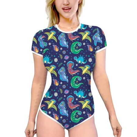 Summer Women's Slim Romper Cartoon Printed Short Sleeve Round Neck Playsuit Home Sleepwear Female Bodysuits