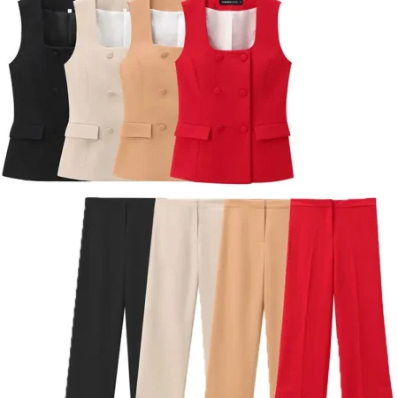 2024 Summer Suit WomanTrendy Square Neck Sleeveless Double Breasted Waistcoat Top+Mid-Waist Pant Female 2-piece Set