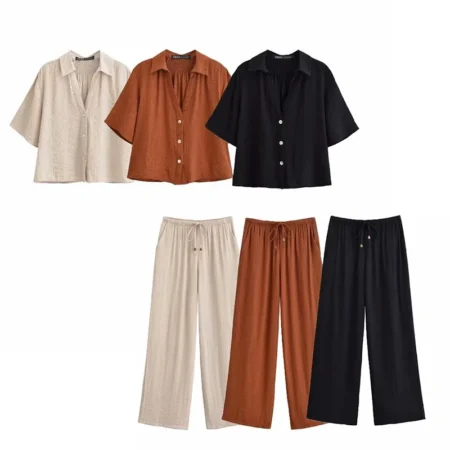Women's Acetate High Waist Pants Set Spring Casual V-neck Short Sleeve Shirt Wide Leg Pants with Elastic Belt 2-piece Set