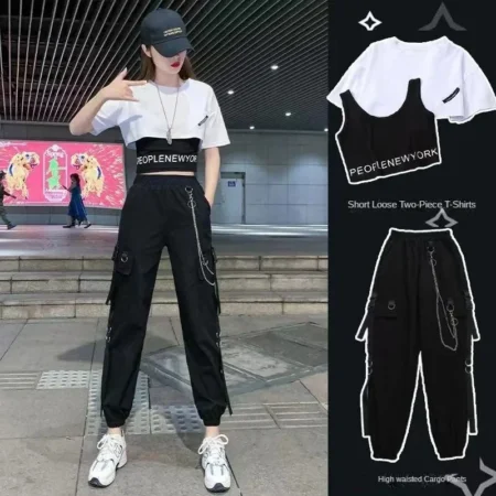 2024 Summer Women's Two Pieces Set Casual Korean Lady Loose Short White T-Shirt and Black Cargo Pants Outfits Tops Pants Suit