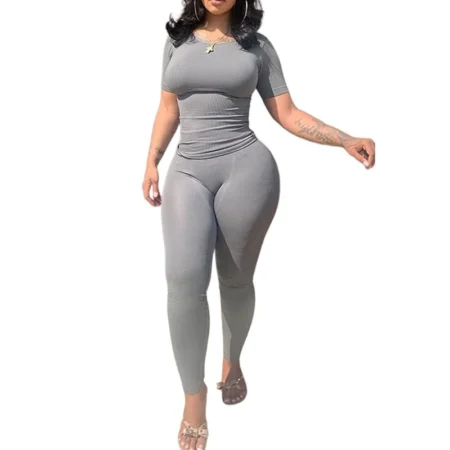Lounge Wear Ribbed Casual 2 Piece Summer Shorts Set For Women Sleeve Top+Elastic Leggings Outfits