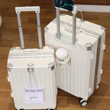 New Fashion 28/30 inch Suitcase Large Size Aluminium Frame Charging Luggage 20 inch Cabin Trip Travel Bags with Cup Holder