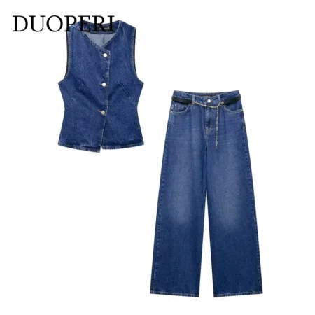 DUOPERI Women 2 piece sets Denim Waistcoat V-Neck Sleevele and Wide Leg Denim Long Trousers Suits Female Chic Lady Casual Outfit