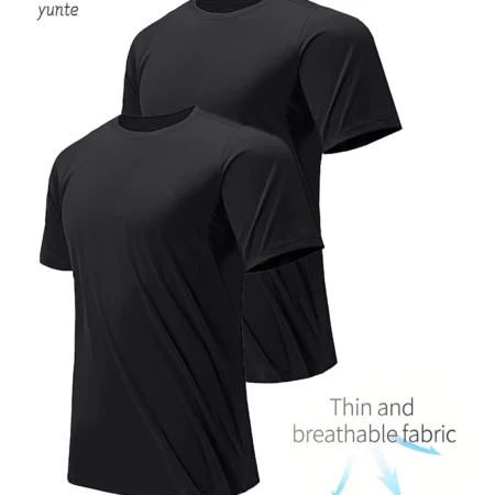Round Neck T-Shirt 2-Pack Black Ultra-Light Men's Quick Drying Breathable Sweat-Absorbent Shirt Suitable for Fitness Gym and Run