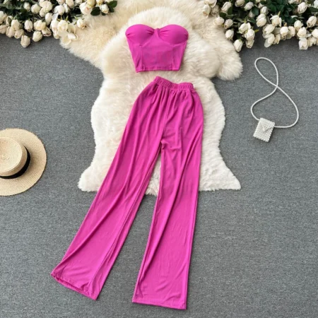 Women Solid Sexy Two Pieces Sets Summer Strapless Slim Camisole + Wide Leg Long Pants Sets Streetwear Two Piece Suits