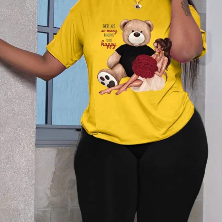Bear And Girl Funny Printing Women O-Neck Basic T Shirts Two Piece Set Soft Comfortable Elastic Capri Leggings Female Sets