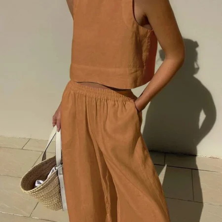 2024 Summer Fashion New Women's Cotton and Hemp Set Round Neck Sleeveless Shirt Tie Waist Wide Leg Pants Sports Two Piece Set