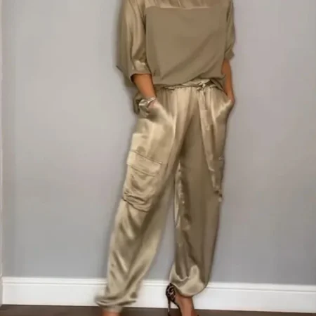 Fashion Solid Color Satin Two Piece Set Women Spring Summer 2025 O Neck Long Sleeve Top Long Pants Casual Loose Outfits Suits
