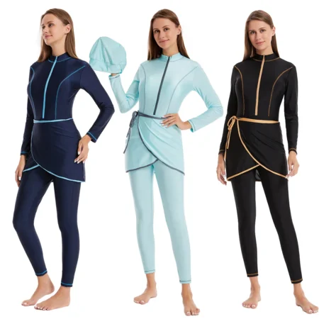 Muslim 3 Set Swimwear with Chest Pad Without Steel Support Highly Elastic Traditional swimsuit Black Navy Green Sportswear