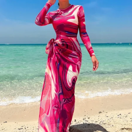 New Summer Burkini Muslim Womens Swimwear long sleeve swimsuits Red flower printed beach smock gauze swimsuits for Muslim Grils