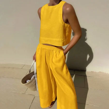 Summer Outfit Women Clothing Set Vest Pants Suit Round Neck Solid Color Sleeveless Wide Leg Two-Piece Set Casual Wear Cotton
