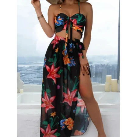 Sexy High Waisted Bikini Three Piece Set with Floral Print Swimsuit Bikini Mesh Skirt Swimming Burkini Muslim Swimwear Women