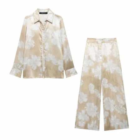 2024 Autumn European and American Style Women's New Fashion Street Style Lapel Long Sleeve Flower Print Shirt and Pants Suit