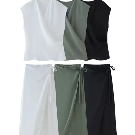 TRAFZA Summer Women's Drape Double-Breasted Top 2-piece Set Retro Sleeveless Casual Vest+Elastic Waist Women's Sarong Pant