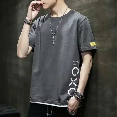Trendy Men's Half Sleeve T-Shirt 2024 Summer Hong Kong Style Color Block Illusion Two-Piece Casual Wear Short Sleeve