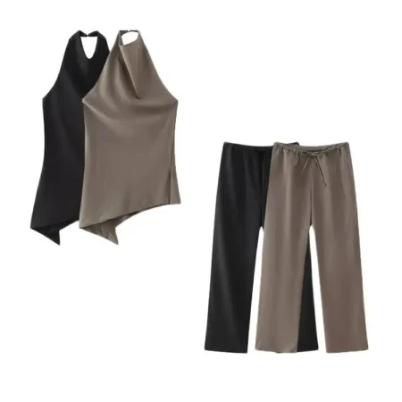 TRZA-Pleated Asymmetric Halter Tank Tops and Straight Pants for Women, Female Two Piece Sets, Fashion