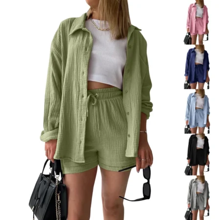 Two Piece Women's Summer Muslin Blouse Shirt And Shorts Clothes Two Piece Set Beach Outfit Set Two Piece Set Women Women Suits