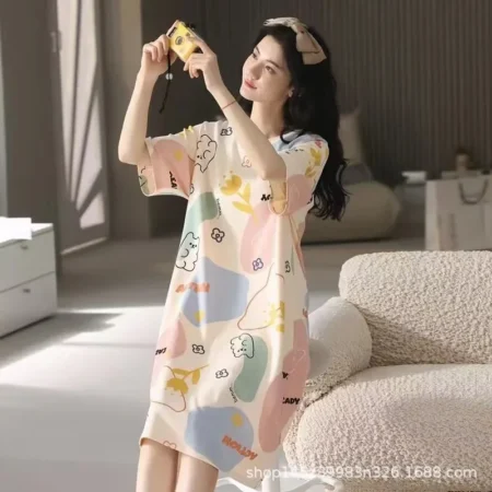Women's Summer Korean Style Sleepwear Short Sleeves Cute Home Clothes Suit For Students Sleep Dress Nightgown