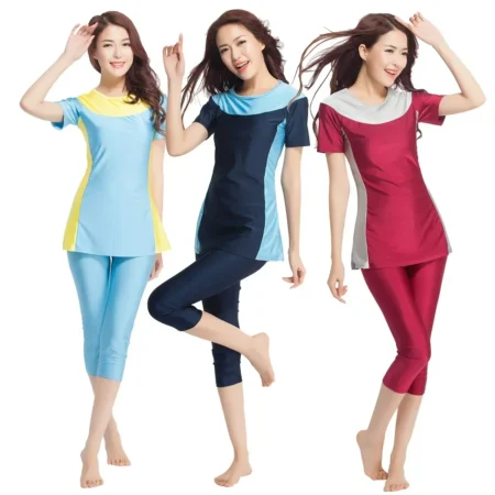 Women Muslim Swimwears Short Sleeve Tops Pencil Pants Dubai Two Pcs Spliced Swimsuit Arab Sportswear Ramadan 2025 Beach Wear