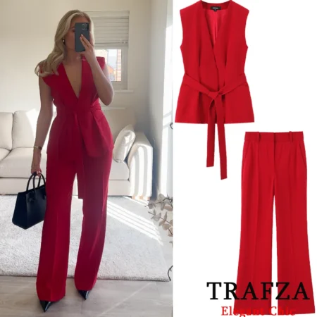 TRAFZA Women Romantic Red Vest Set V-Neck Belted Vest Flare Pants New 2025 Spring Summer Elegant High Street Fashion Female Set