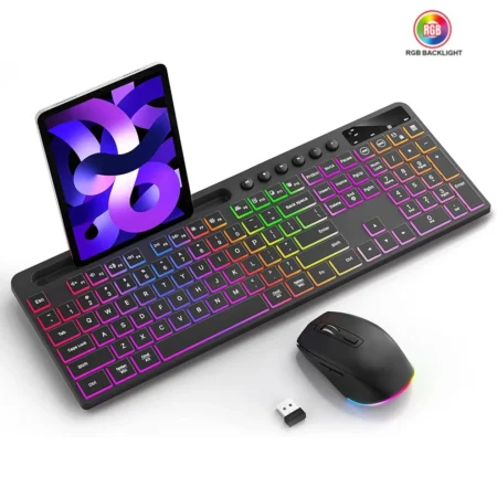 Wireless Keyboard and Mouse Combo with Backlit Full Size Ergonomic Keyboard with Phone Tablet Holder 2.4G Mouse for PC Laptop