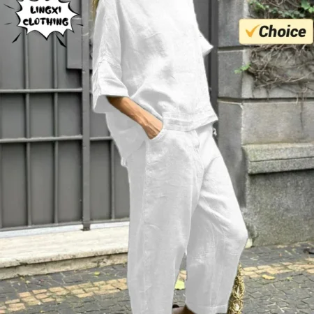 2024 Summer Fashion New Matching Collection Women's Cotton and Hemp Set Round Neck Half Sleeve Top Wide Leg Pants Two Piece Set