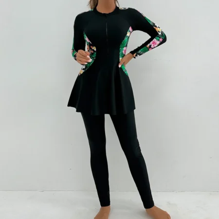 Muslim Swimwear Women Black Floral Print Patchwork Zipper Long Sleeve Dress Long Panties Sports Swimsuit Burkinis Bathing Suit