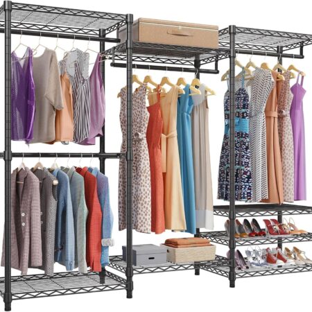Portable Closet Wardrobe Heavy Duty Clothes Rack, Freestanding Clothing Rack with 4 Hang Rods & 8 Shelves, Adjustable Closet Racks, 68.9" L x 15.7" W x 76.4" H, Max Load 890LBS, Black