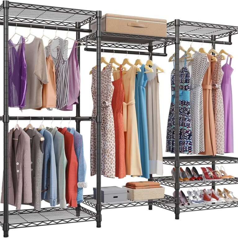 Portable Closet Wardrobe Heavy Duty Clothes Rack, Freestanding Clothing Rack with 4 Hang Rods & 8 Shelves, Adjustable Closet Racks, 68.9" L x 15.7" W x 76.4" H, Max Load 890LBS, Black